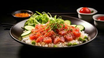 Closeup on hawaiian tuna poke bowl with vegetables photo