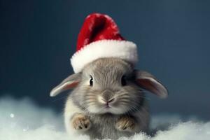 Rabbit in Santa Claus hat, Christmas holiday concept. Generative AI photo