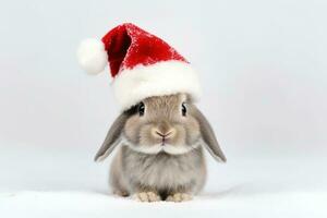 Rabbit in Santa Claus hat, Christmas holiday concept. Generative AI photo