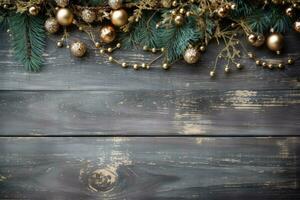 Wooden background with christmas decoration, space for writing, christmas holiday concept. Generative AI photo