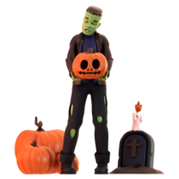 Frankenstein with tombstones and pumpkins 3D Illustration png