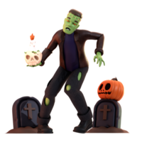 Frankenstein with tombstones and pumpkins 3D Illustration png