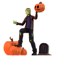 Frankenstein with tombstones and pumpkins 3D Illustration png