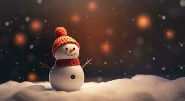 Snowman with hat and scarf, christmas concept, bokeh background. Generative AI photo