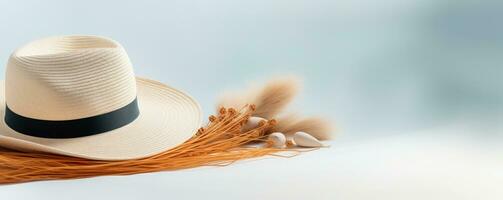 Summer background with straw hat and white sand with empty copy space photo