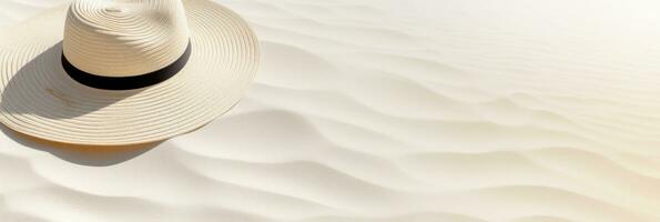 Summer background with straw hat and white sand with empty copy space photo