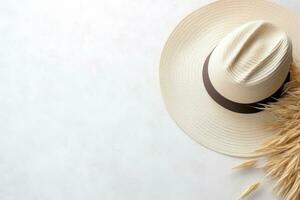 Summer background with straw hat and white sand with empty copy space photo