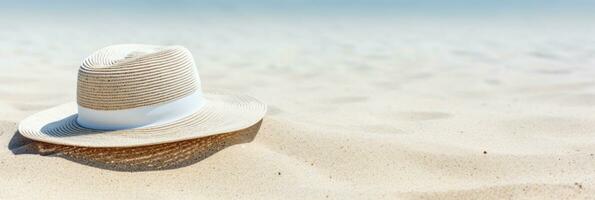 Summer background with straw hat and white sand with empty copy space photo