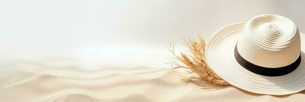 Summer background with straw hat and white sand with empty copy space photo