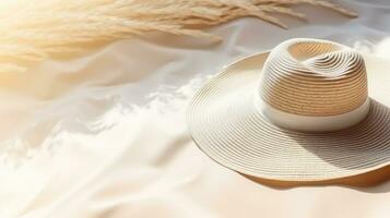 Summer background with straw hat and white sand with empty copy space photo