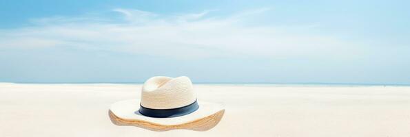 Summer background with straw hat and white sand with empty copy space photo