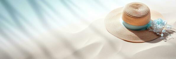 Summer background with straw hat and white sand with empty copy space photo