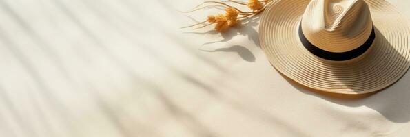 Summer background with straw hat and white sand with empty copy space photo