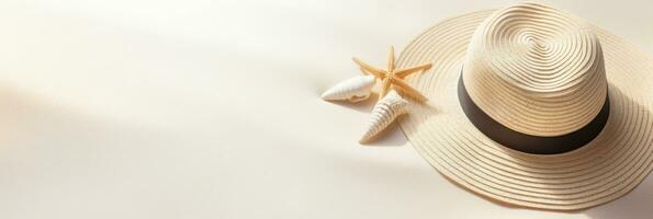 Summer background with straw hat and white sand with empty copy space photo