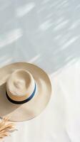 Summer background with straw hat and white sand with empty copy space photo