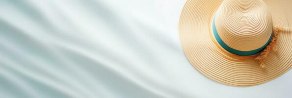 Summer background with straw hat and white sand with empty copy space photo