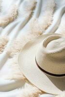 Summer background with straw hat and white sand with empty copy space photo