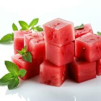 Juicy watermelon cubes arranged neatly against a clean white background photo