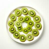 Artfully arranged array of sliced kiwi on a white plate isolated on a white background photo