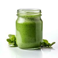 Organic green smoothie in a glass jar isolated on a white background photo