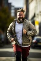 Overweight boss joyfully jogging as part of his wellness journey photo