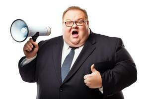 Confident fat manager with a loudspeaker isolated on a white background photo