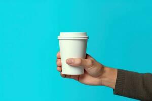 Hand holding coffee cup, blue background, digital illustration. Generative AI photo