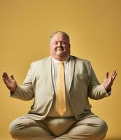 An overweight manager purposefully practicing yoga isolated on a gradient background photo