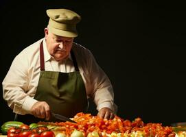 A tubby manager chopping fresh vegetables isolated on a gradient background photo