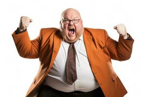 Passionate fat manager with a raised fist isolated on a white background photo