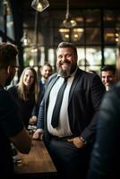 Cheerful fat manager initiating body positivity dialogue among colleagues photo