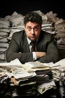 Tired fat manager with stacks of paperwork isolated on a white background photo