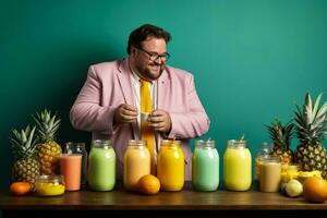 A pudgy manager preparing a healthy smoothie isolated on a gradient background photo