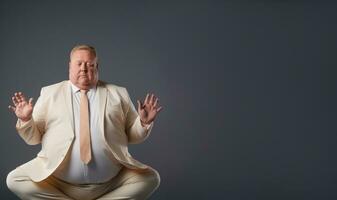 An overweight manager purposefully practicing yoga isolated on a gradient background photo