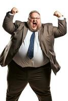 Passionate fat manager with a raised fist isolated on a white background photo