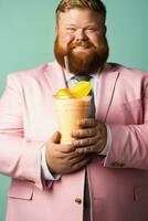 A pudgy manager preparing a healthy smoothie isolated on a gradient background photo