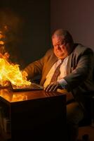 A portly manager burning midnight oil at desk isolated on a gradient background photo