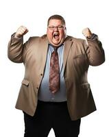 Passionate fat manager with a raised fist isolated on a white background photo