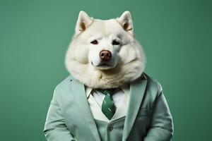 A husky manager confidently modeling stylish plus size attire isolated on a gradient background photo
