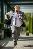 Chubby businessman jogging outdoors background with empty space for text photo