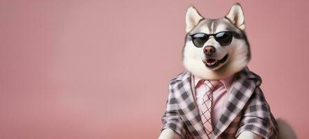 A husky manager confidently modeling stylish plus size attire isolated on a gradient background photo