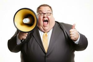 Confident fat manager with a loudspeaker isolated on a white background photo