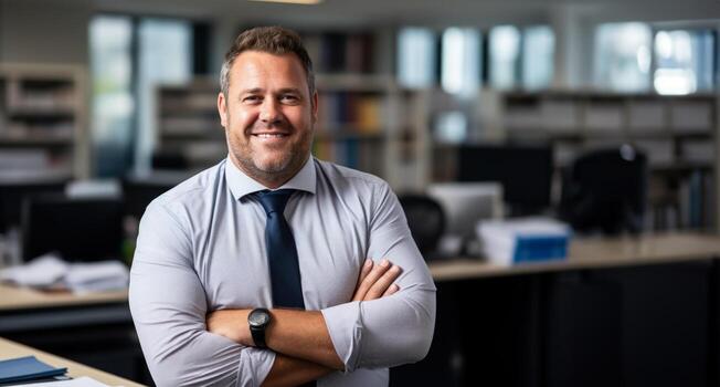 Fat manager smiling confidently at office background with empty space for text photo