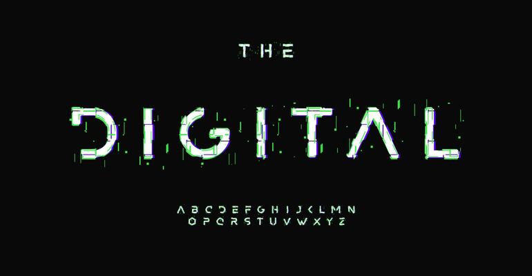 Futuristic alphabet with digital distorted effect, glitch error effect font for cinematic headline, high technology logo, game design. Vector typographic design.