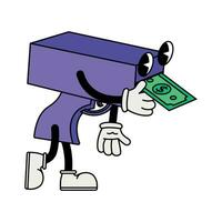 Purple money gun character with dollar bill in 70s cartoon style vector