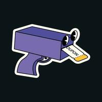 Funny groovy retro clipart purple toy gun with discount coupon vector