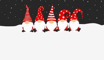 Garden gnomes sitting on some snow, empty area, on a dark and starry sky background, in flat style, white and red, greeting card template, vector romantic illustration.