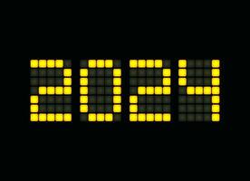 Vibrant LED clock displaying 2024, bright yellow digits on a sleek digital screen set against a dark background. Perfect for greeting card and 2024 calendar for tech enthusiasts. Vector illustration.