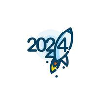 2024 Rocket Launch Celebration in Cartoon Style. Vibrant, playful logo. Ideal for new year event promotions and business ventures, greeting card and calendars. Vector illustration.