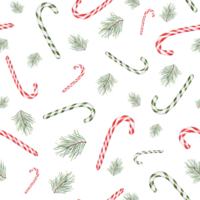 Seamless pattern of red and green candy canes, pine branches. Bonbons, candies, sugar caramels, Christmas tree, conifer twig. Delicious ornament. Watercolor illustration png